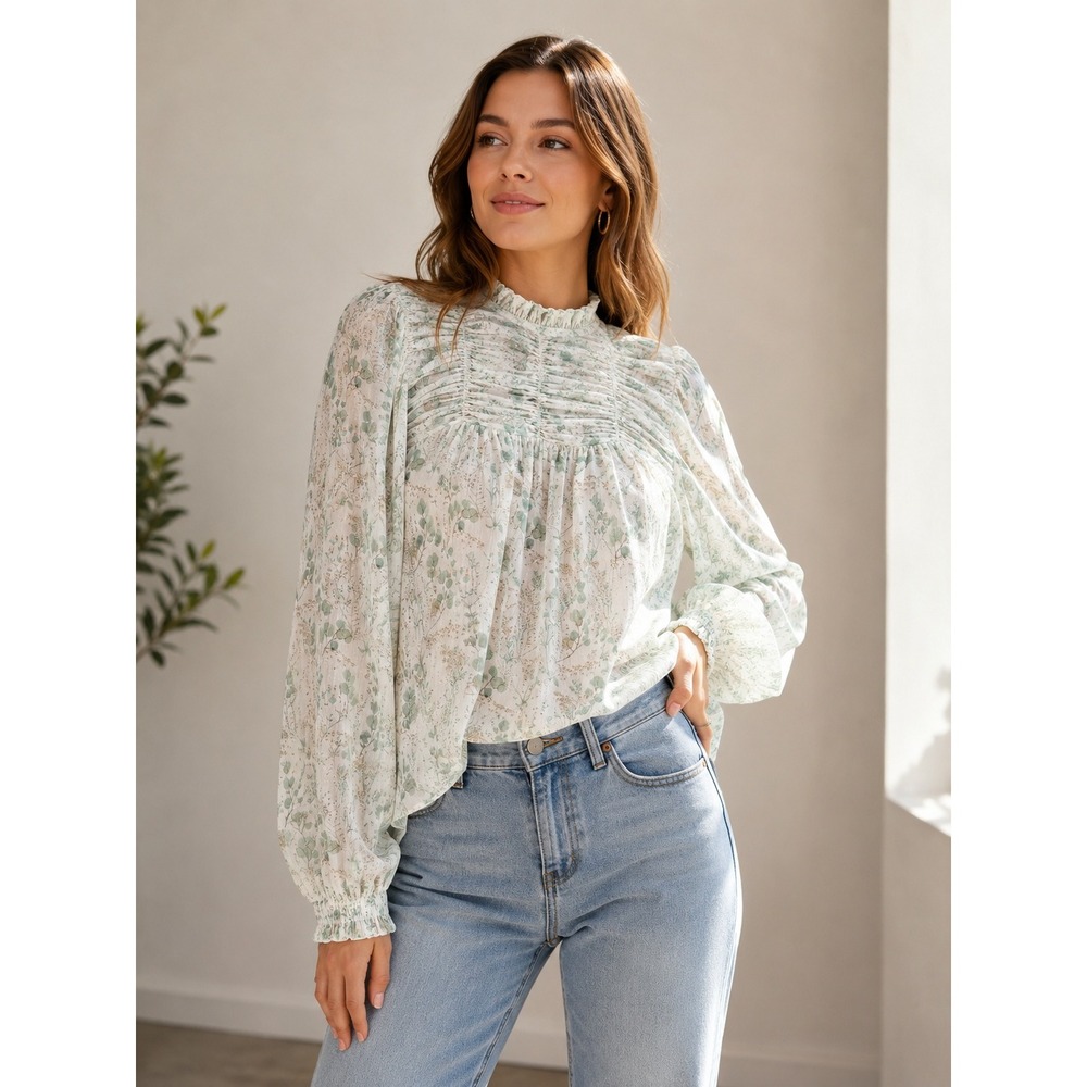 MAISON CINQCENT Blouse Smocked Ruffle Neck Women M Green Floral Metallic Boho